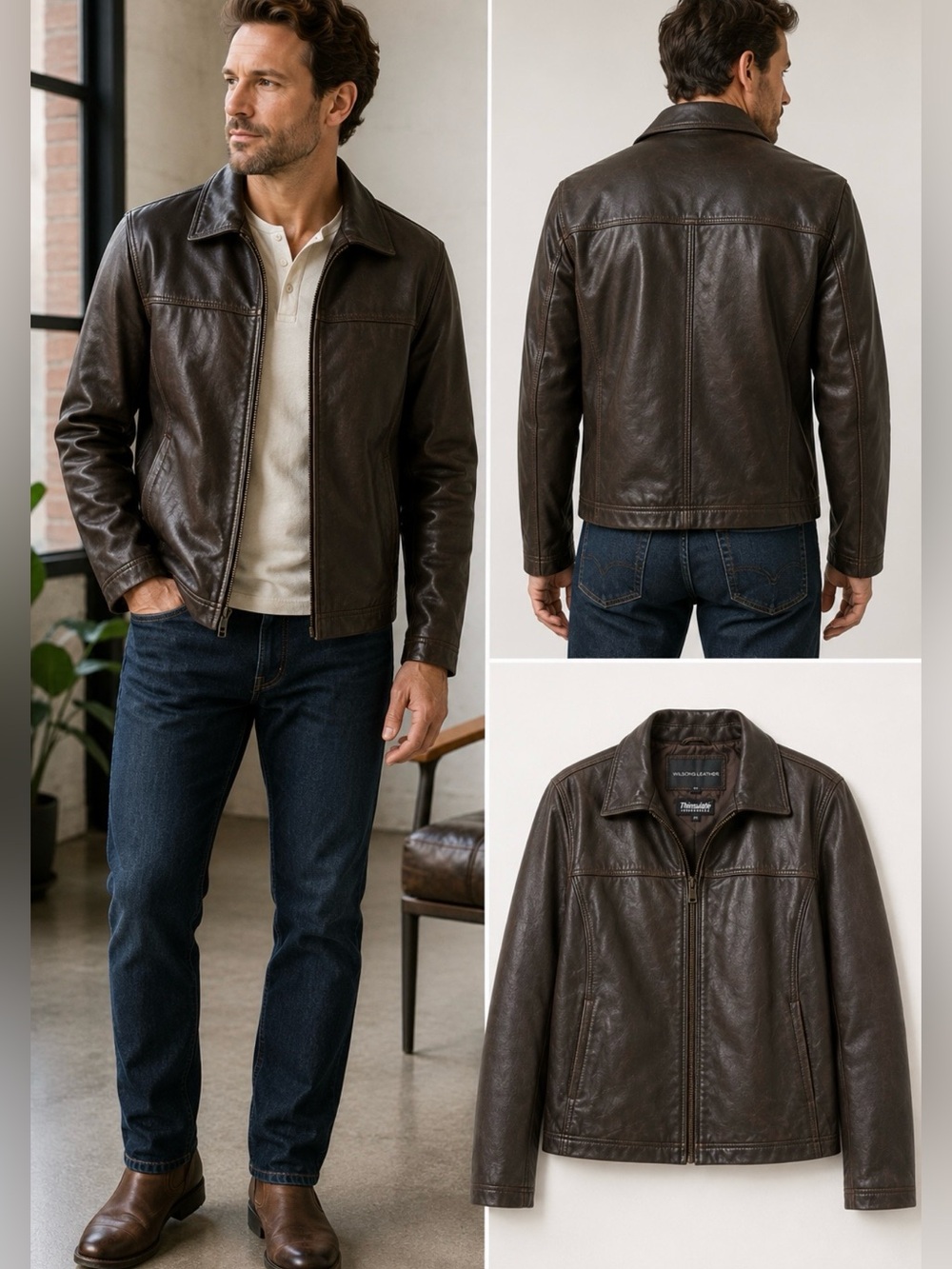 💥Vintage Wilsons Genuine Leather Thinsulate Zip Front Jacket Brown Mens 2X🧡